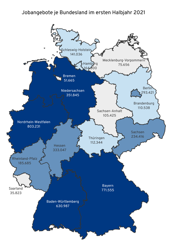 Veröffentlichte Stellenanzeigen nach Bundesland im ersten Halbjahr 2021 (Quelle: index)