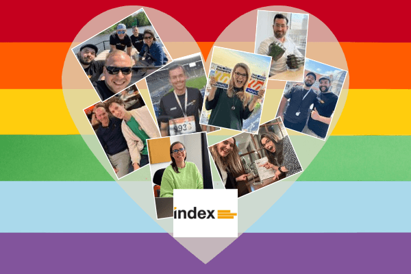 Bild, das den Pride Month (Monat der Stolz) feiert. Das Bild zeigt eine stilisierte Darstellung von Menschen und Regenbogenfarben, die die LGBT+ Gemeinschaft repräsentieren.