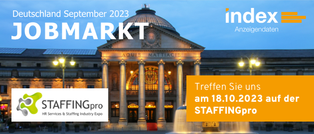Header-Bild des Jobmarkt-Newsletters September 2023 mit dem Logo der STAFFINGpro und dem Wiesbadener Kurhaus im Hintergrund
