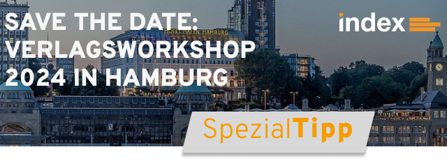 Header des Spezialtipp-Newsletters 09/2023 mit dem Titel "Save the date: Verlagsworkshop 2024 in Hamburg" und dem Hotel Hafen Hamburg im Hintergrund