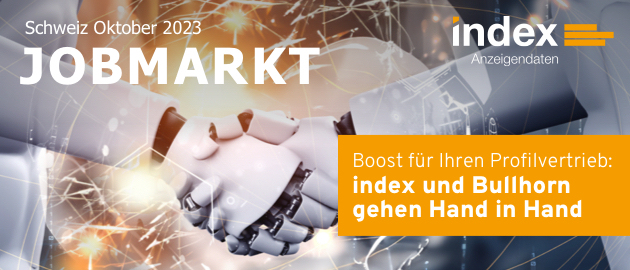 Header Jobmarkt-Newsletter Schweiz Oktober 2023 mit Aufschrift "Boost für Ihren Profilvertrieb: index und Bullhorn gehen Hand in Hand"