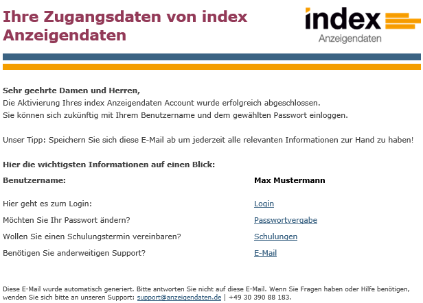 Bestätigungsmail "Ihre Zugangsdaten von index Anzeigendaten"