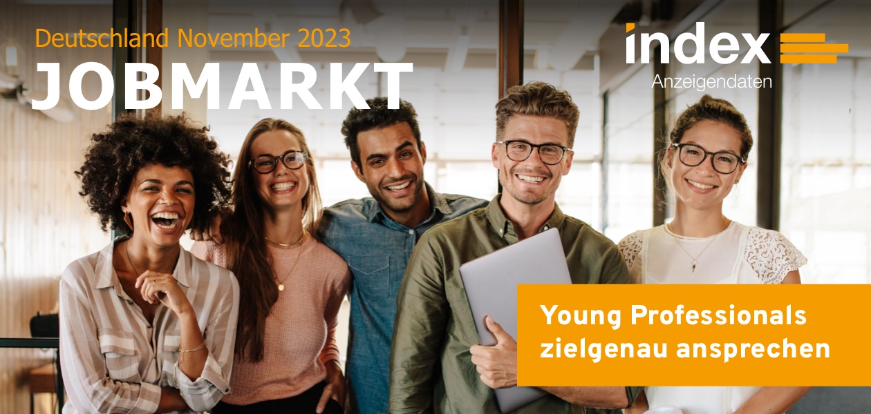 Header Jobmarkt-Newsletter Deutschland November 2023 mit Aufschrift "Young Professionals zielgenau ansprechen" und fünf lächelnde Personen im Hintergrund