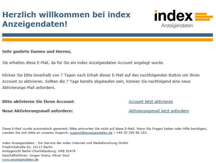 Bestätigungsmail "Herzlich willkommen bei index Anzeigendaten"