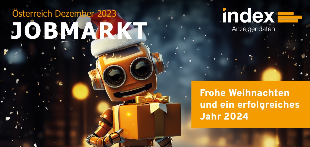 Header Jobmarkt Newsletter Dezember 2023 mit der Aufschrift Frohe Weihnachten und ein erfolgreiches Jahr 2024 und einem Roboter mit Weihnachtsmütze und Geschenk in der Hand