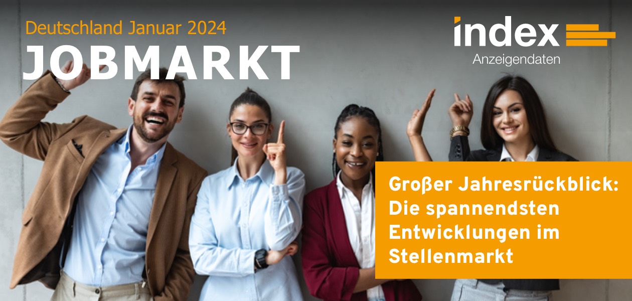 Header Jobmarkt Newsletter Deutschland Januar 2024 mit vier lachenden Menschen und der Aufschrift Großer Jahresrückblick: die spannendsten Entwicklungen am Stellenmarkt