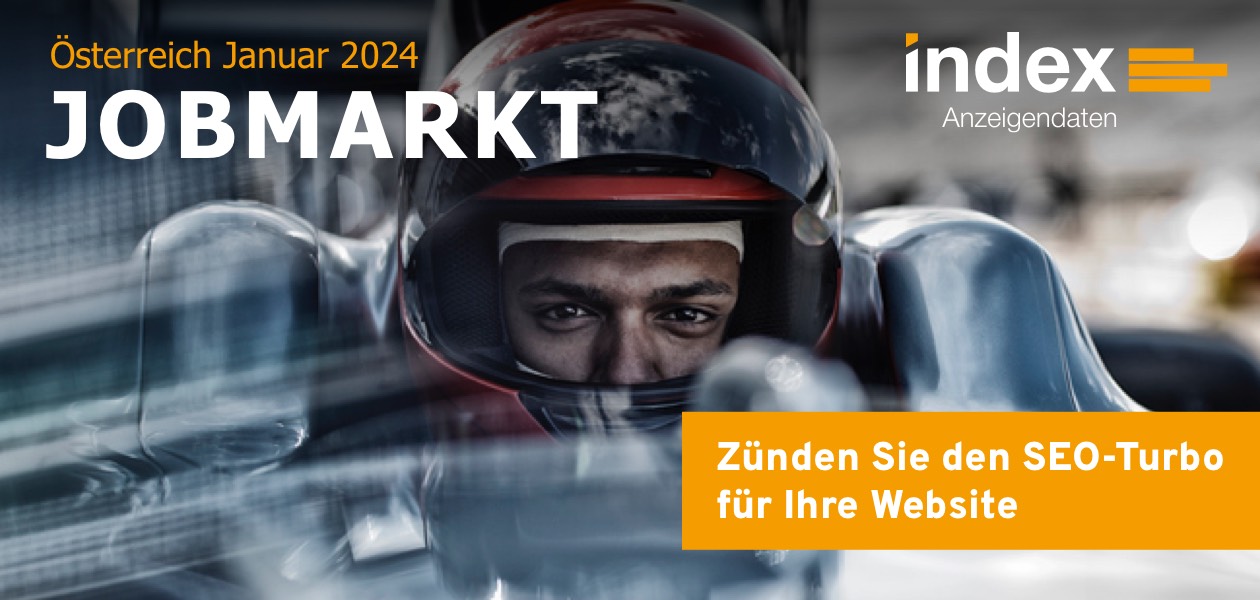 Header des Jobmarkt-Newsletters Österreich Januar 2024 mit einem Rennfahrer und der Aufschrift Zünden Sie den SEO-Turbo für Ihre Website