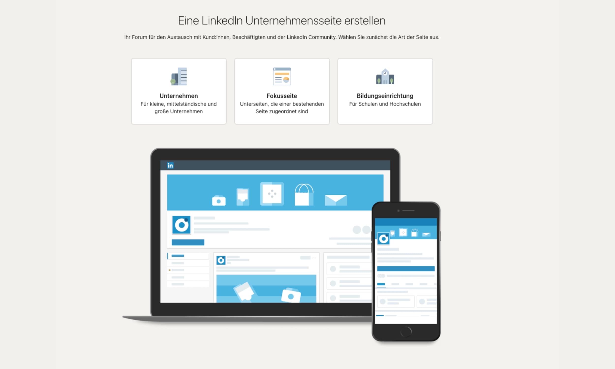 Screenshot mit drei Auswahlmöglichkeiten für die Erstellung einer LinkedIn-Unternehmensseite Unternehmen, Fokusseite und Bildungseinrichtung