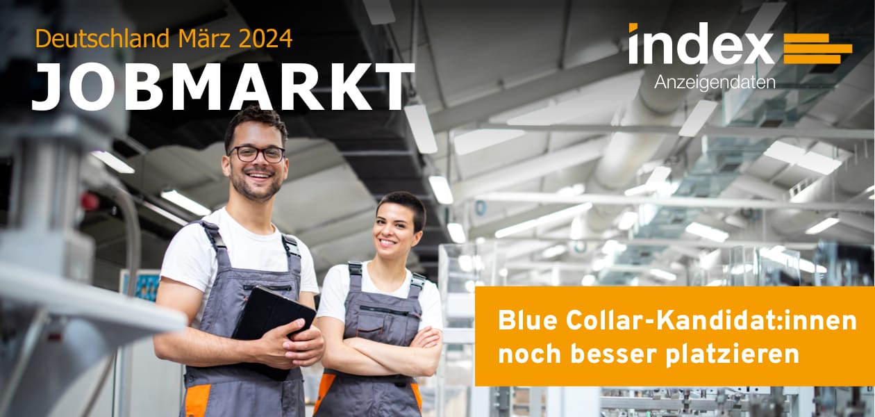 Header Jobmarkt-Newsletter Deutschland 2024 mit einem Mann und einer Frau in grauer Latzhose und der Aufschrift "Blue Collar-Kandidat:innen noch besser platzieren"
