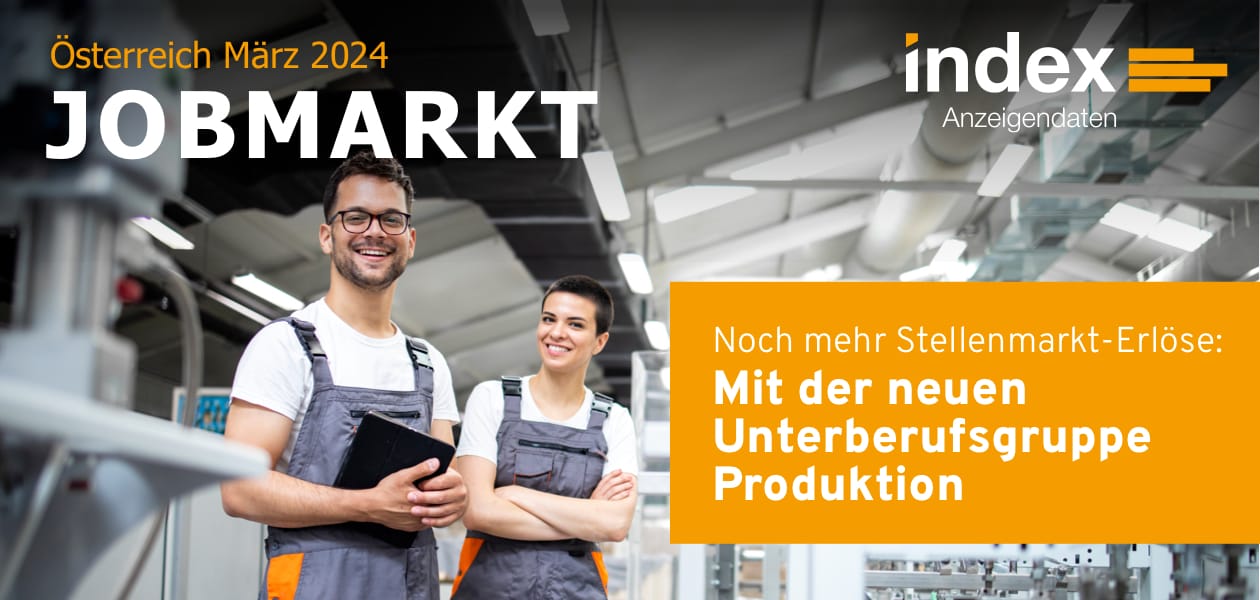 Header Jobmarkt-Newsletter Österreich März 2023 mit einem Mann und einer Frau in Latzhose und Aufschrift "Noch mehr Stellenmarkt-Erlöse: Mit der neuen Unterberufsgruppe Produktion"