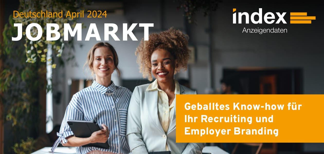 Header Jobmarkt-Newsletter Deutschland April 2024 mit der Aufschrift "Geballtes Know-how für Ihr Recruiting und Employer Branding" mit zwei lächelnden Frauen