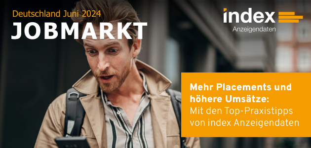 Header Jobmarkt-Newsletter Deutschland Juni 2024 mit einem überrascht blickenden Mann und der Aufschrift "Mehr Placements und höhere Umsätze"