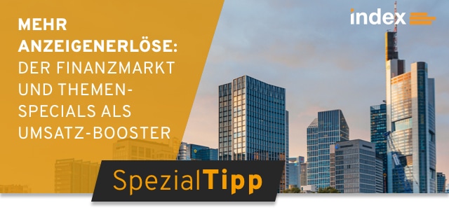 Header des Spezialtipp Newsletters Oktober 2024 mit der Aufschrift "Mehr Anzeigenerlöse: Der Finanzmarkt und Themenspecials als Umsatz-Booster" mit Bankenviertel von Frankfurt im Hintergrund