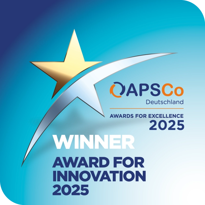 Grafik mit goldenem Stern und Schriftzug ‚APSCo Deutschland Awards for Excellence 2025, Winner Award for Innovation 2025‘ auf blauem Hintergrund