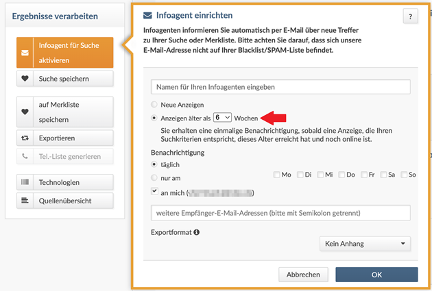 Infoagent in index Anzeigendaten mit Pfeil bei "Anzeigen älter als 6 Wochen"