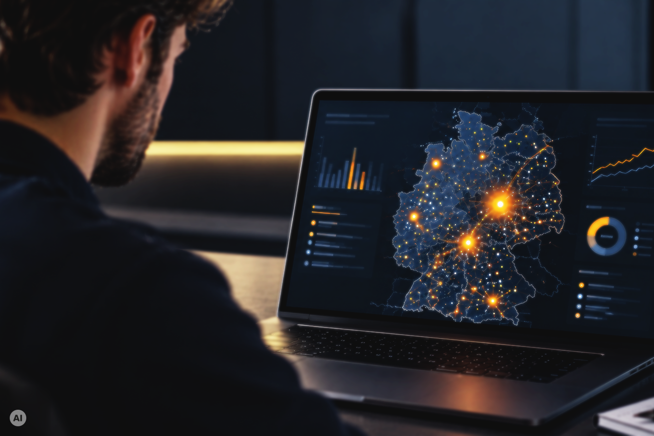 Ein Mann betrachtet auf einem Laptop eine digitale Deutschlandkarte mit leuchtenden Datenpunkten und Stellenmarkt-Analysen.