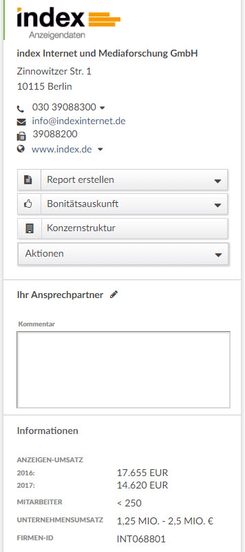 Screenshot Index Anzeigendaten Vertriebssystem Beispiel Kontaktinfos zu Unternehmen