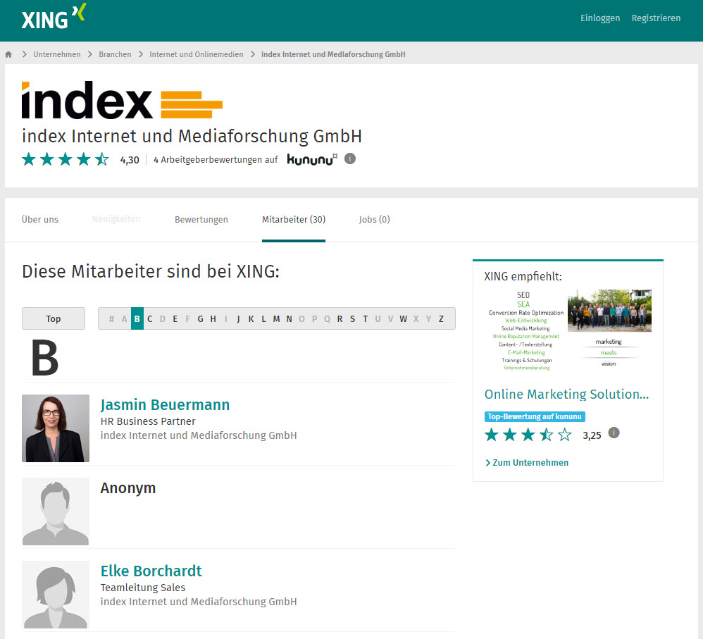 Screenshot Beispiel XING Profil des Unternehmens